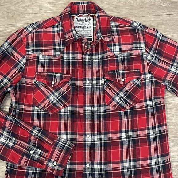 Levis Flannel Shirt Mens Small Plaid Pearl Snap Western Rodeo Layering Casual - Picture 2 of 7